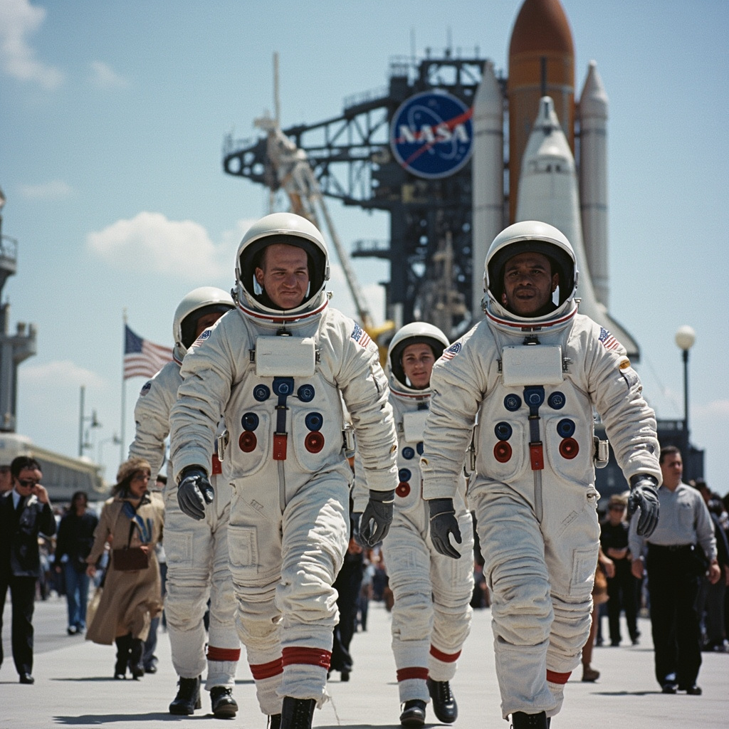 Four Artemis II astronauts in their launch suits at Kennedy Space Center, with the NASA logo and American flag visible behind them