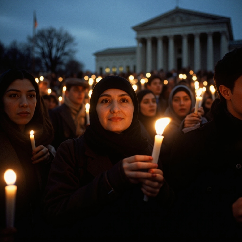 Hundreds of people holding candles at dusk outside a government building, their faces lit by the warm glow of flickering flames