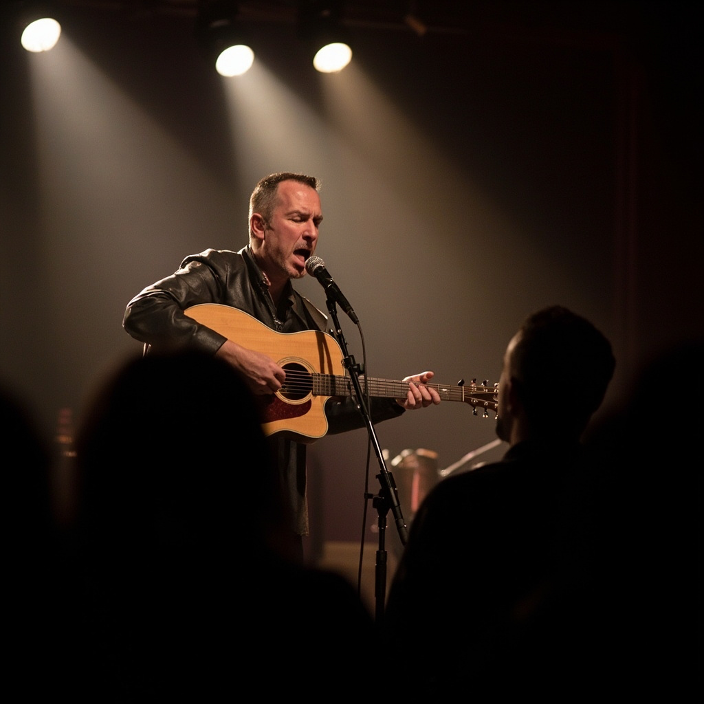 Chip Taylor performing with an acoustic guitar on stage at an intimate venue