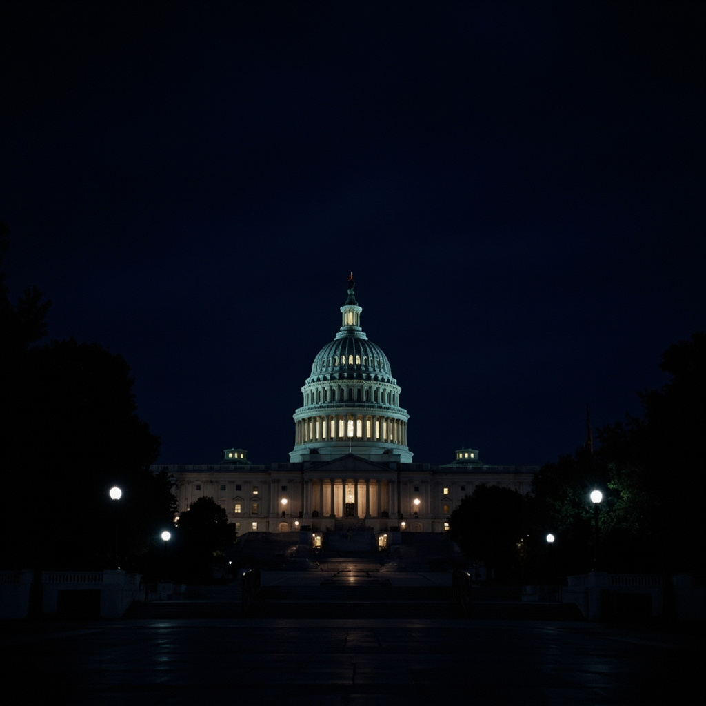US Capitol building at night with lights on in the Senate chamber during a late vote