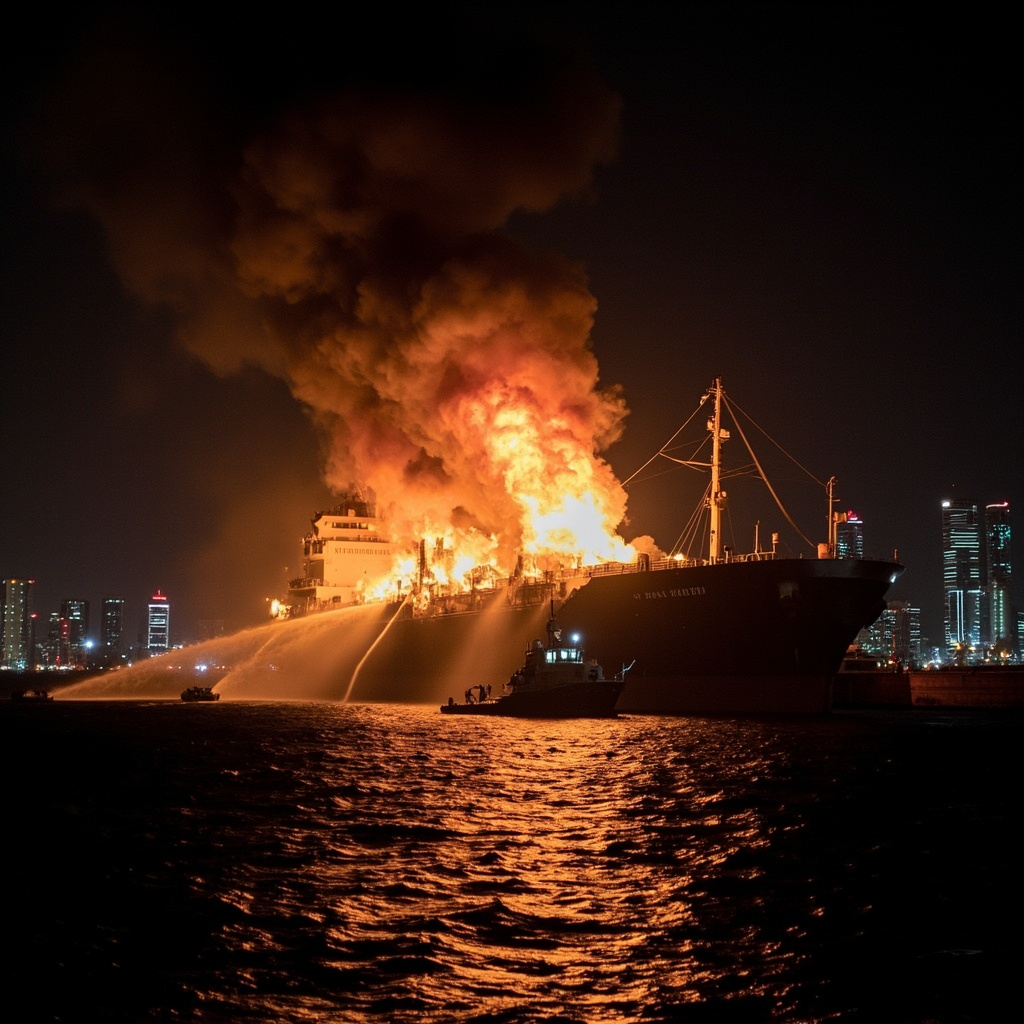 Night view of a large oil tanker ablaze at anchorage in the Persian Gulf, firefighting boats spraying water on the hull, Dubai skyline visible in the background