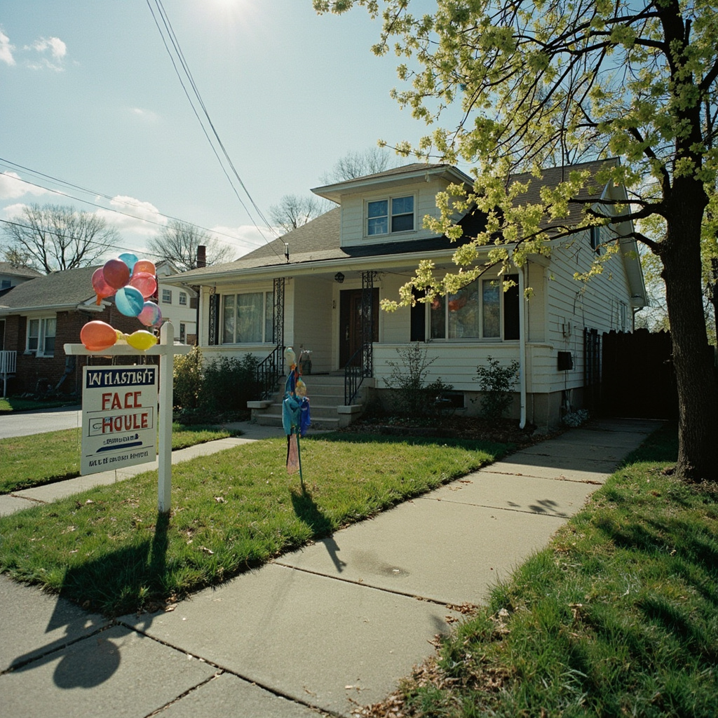 An empty suburban home with a 'For Sale' sign and open house balloons, no visitors in sight, quiet residential street on a spring afternoon