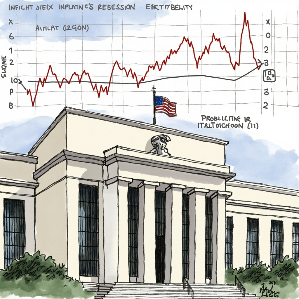 Federal Reserve building with overlaid chart showing inflation and recession probability diverging