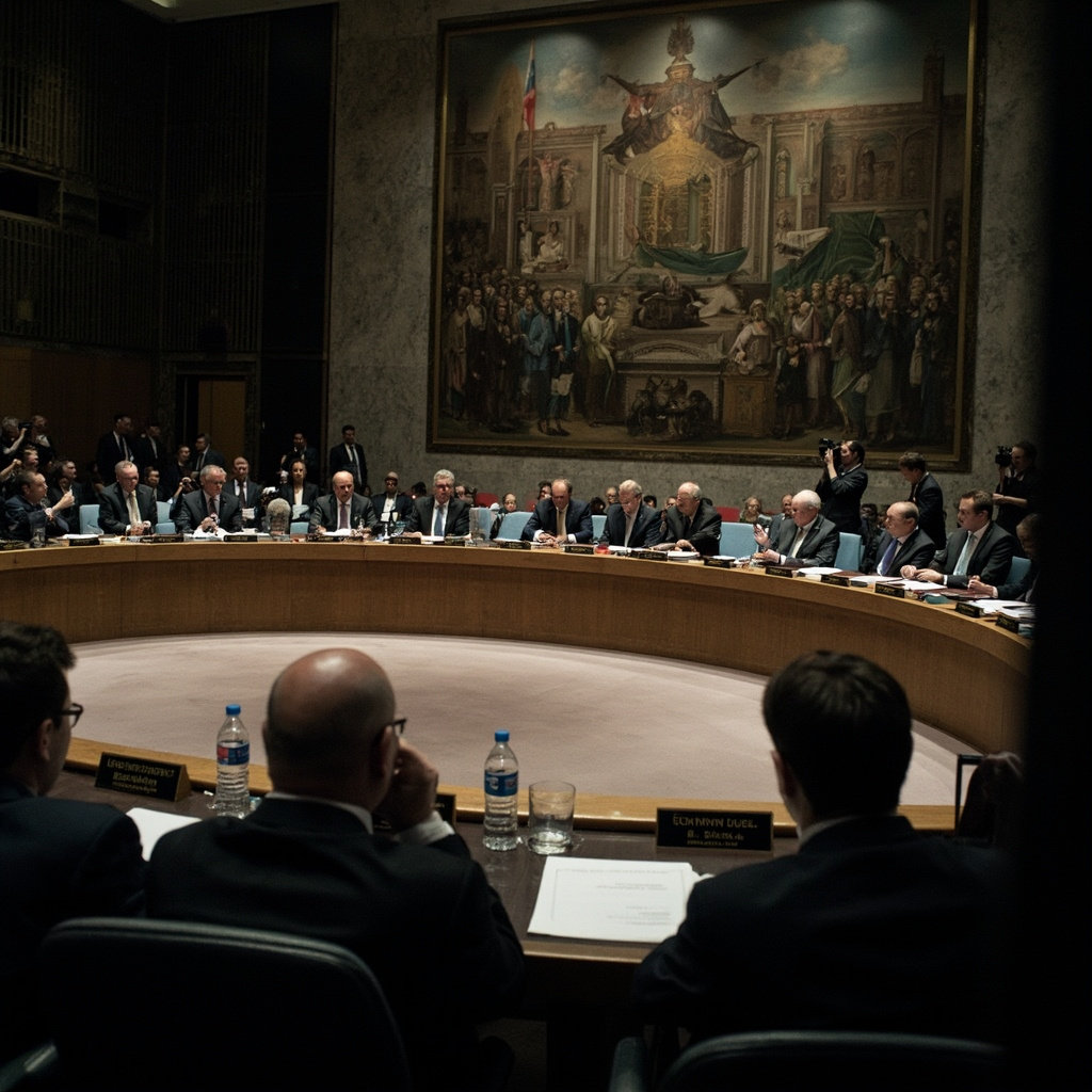 UN Security Council chamber with French delegation flag visible