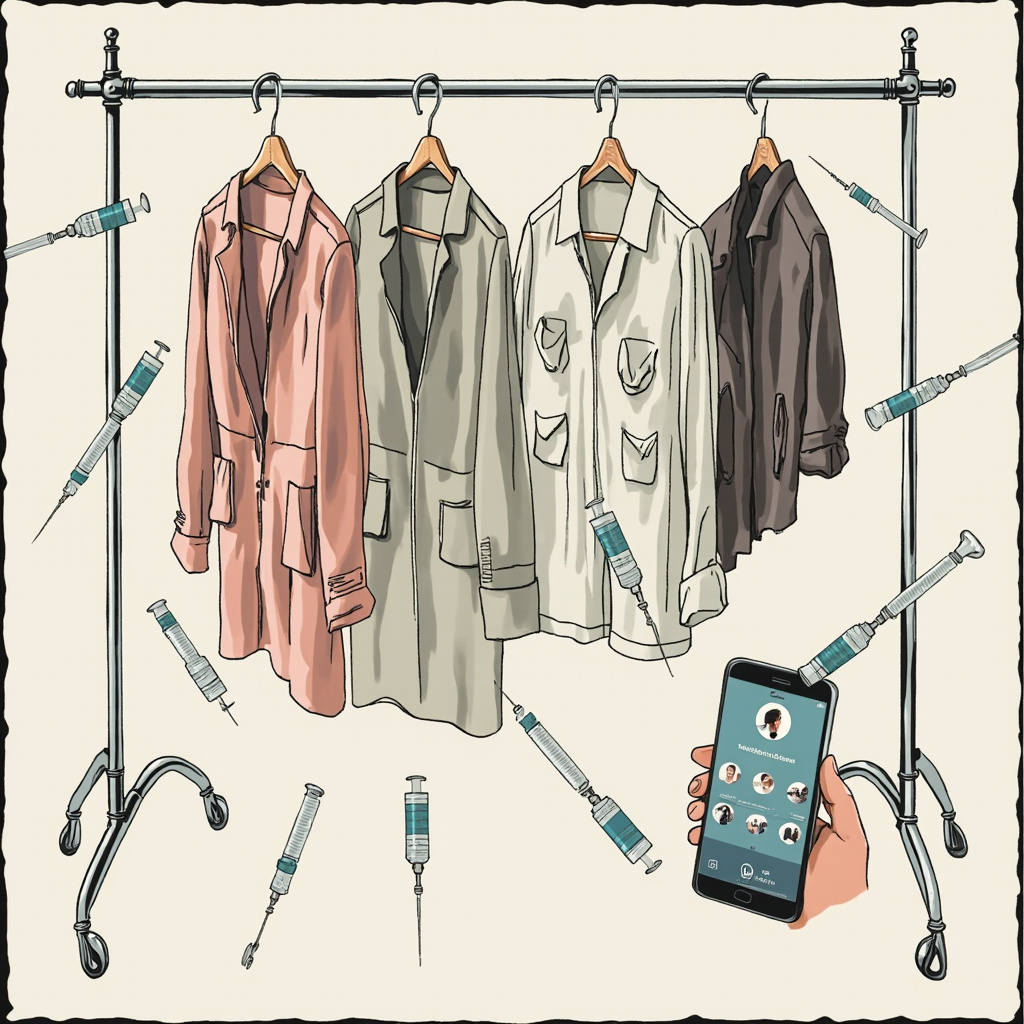 Ozempic and Wegovy injection pens arranged alongside a clothing rack and dating app interface