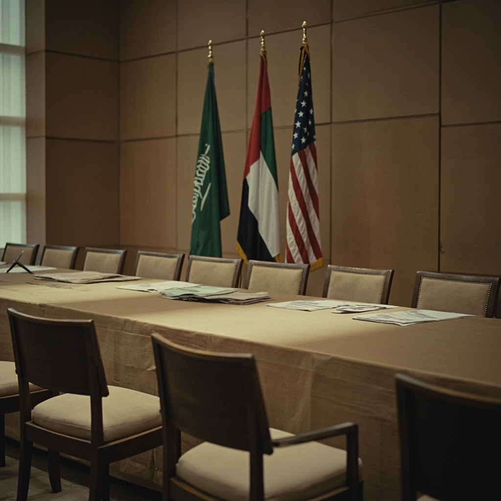 Diplomatic meeting room with empty chairs around a long table, flags of Saudi Arabia, UAE, and the United States standing in the background, papers scattered on the table
