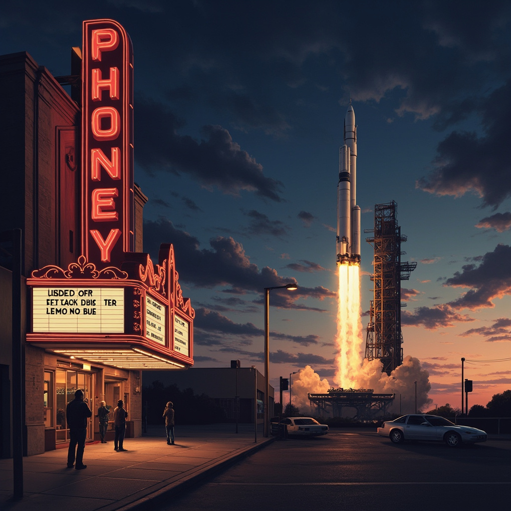 Split composition: left side shows a movie theater marquee displaying Project Hail Mary, right side shows NASA's SLS rocket on the launch pad at twilight, both illuminated