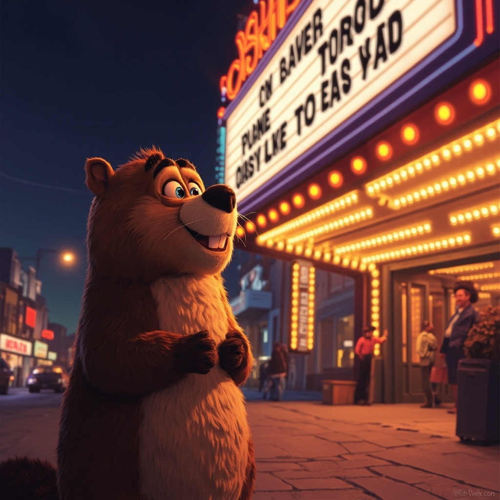 Animated beaver character from Pixar's Hoppers looking at a movie theater marquee