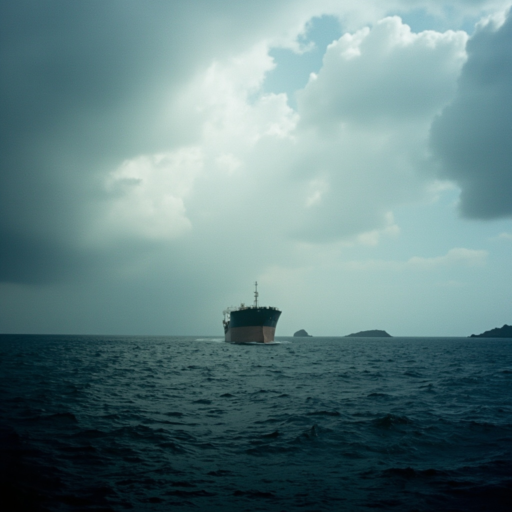 Tanker ship in the Strait of Hormuz with insurance premium overlay chart