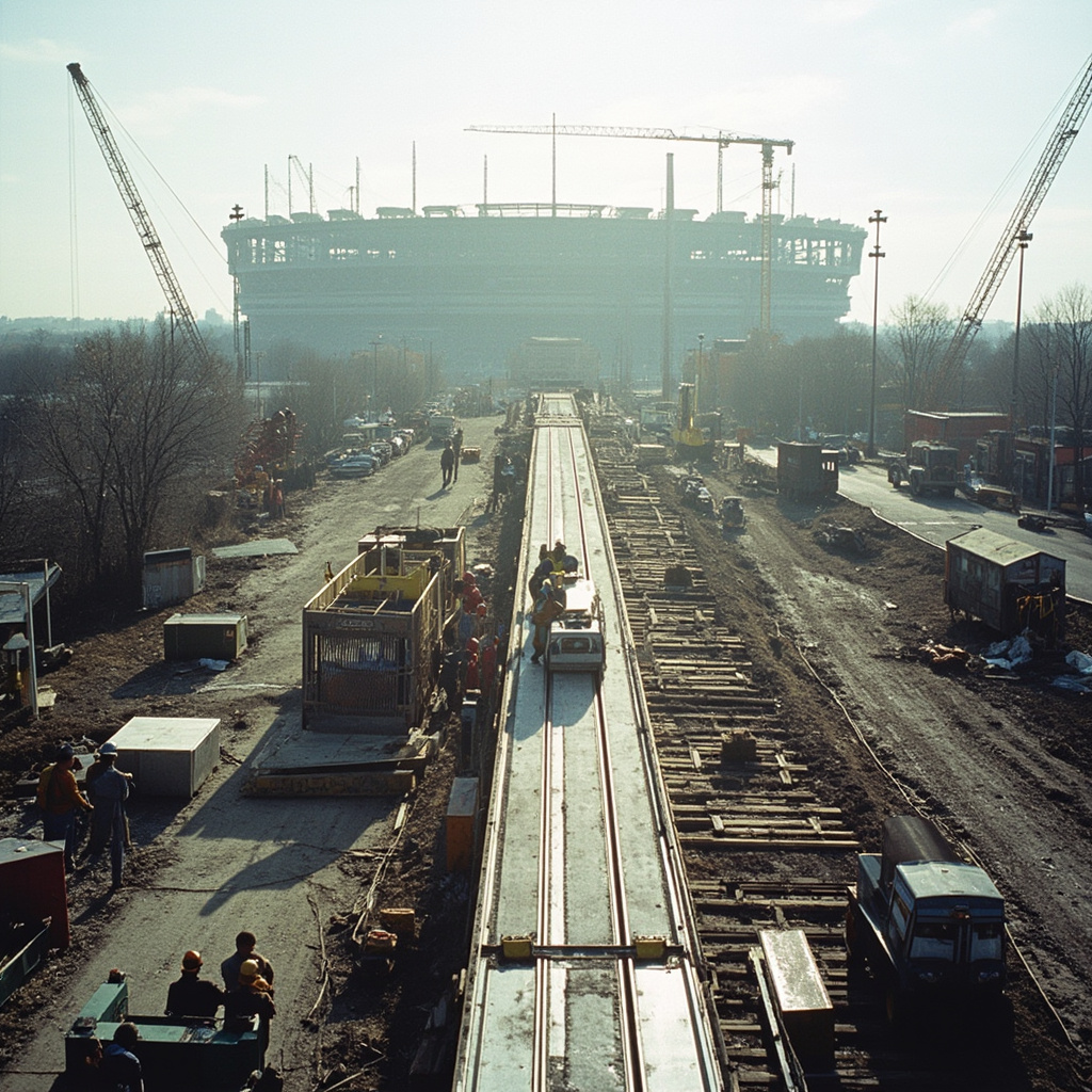 Construction crews working on the Kansas City streetcar extension with CPKC Stadium in the background