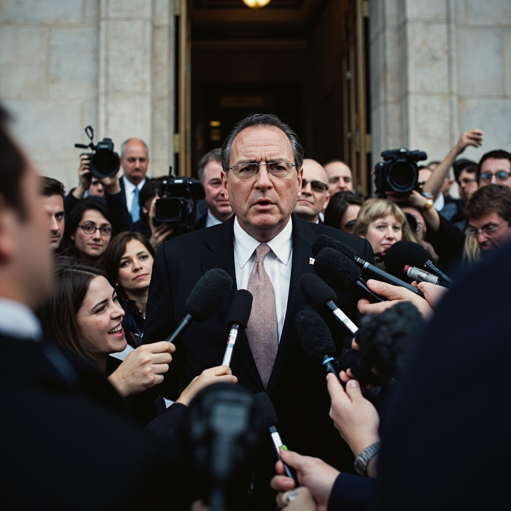 Don Lemon exiting a federal courthouse surrounded by press and supporters