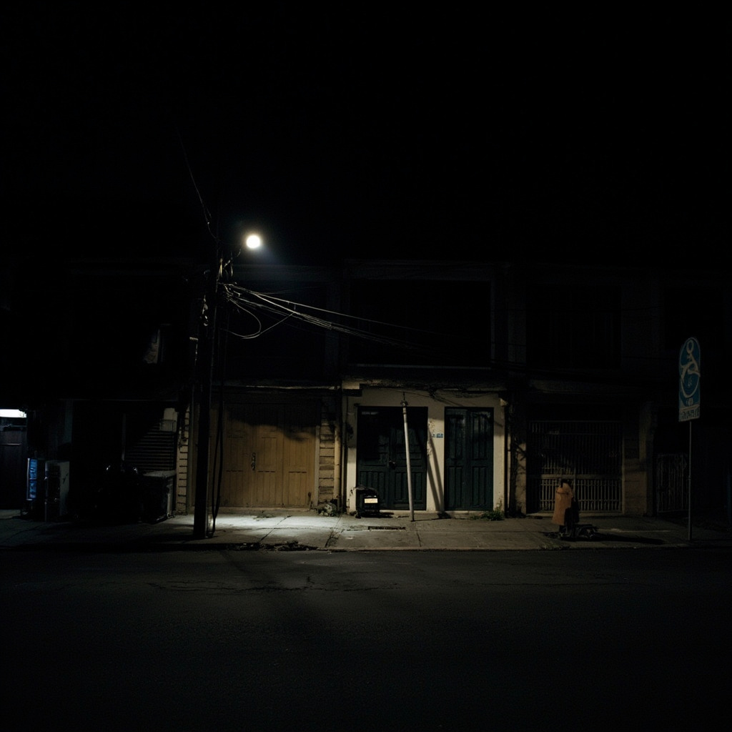 A darkened Manila neighborhood during a rolling brownout with a single generator light