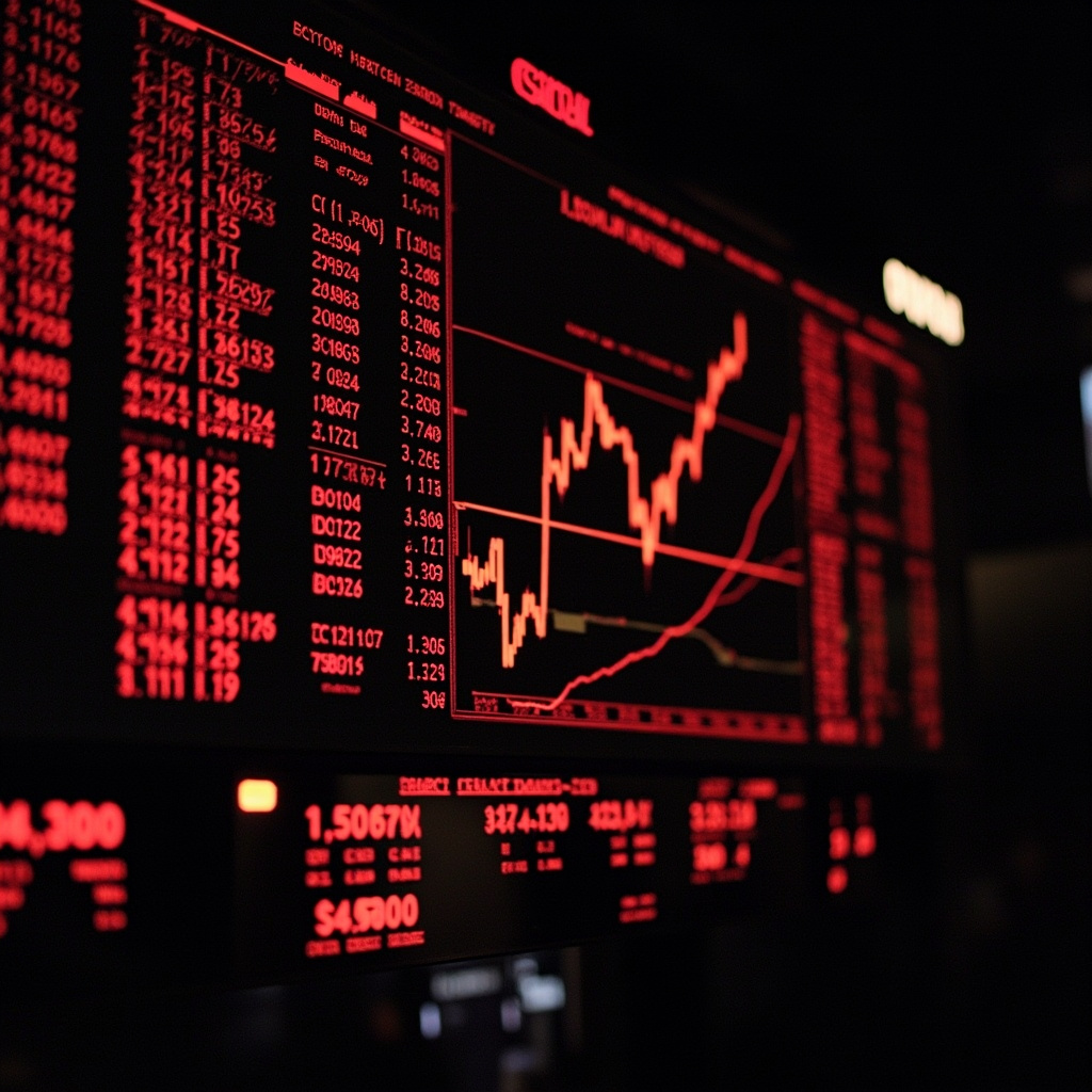 A stock market trading floor screen showing deep red numbers across all major indices with an oil barrel price chart spiking above $100