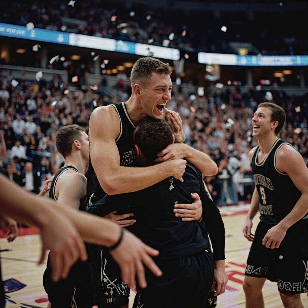 Michigan Wolverines basketball team celebrating on court after Elite Eight victory