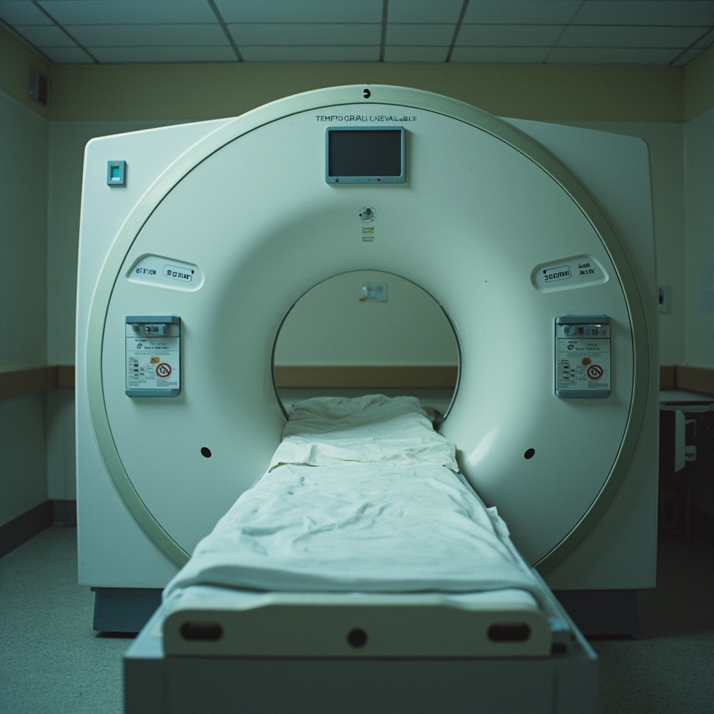 An MRI machine in a hospital diagnostic room sitting idle with a 'temporarily unavailable' sign, empty patient bed in the foreground