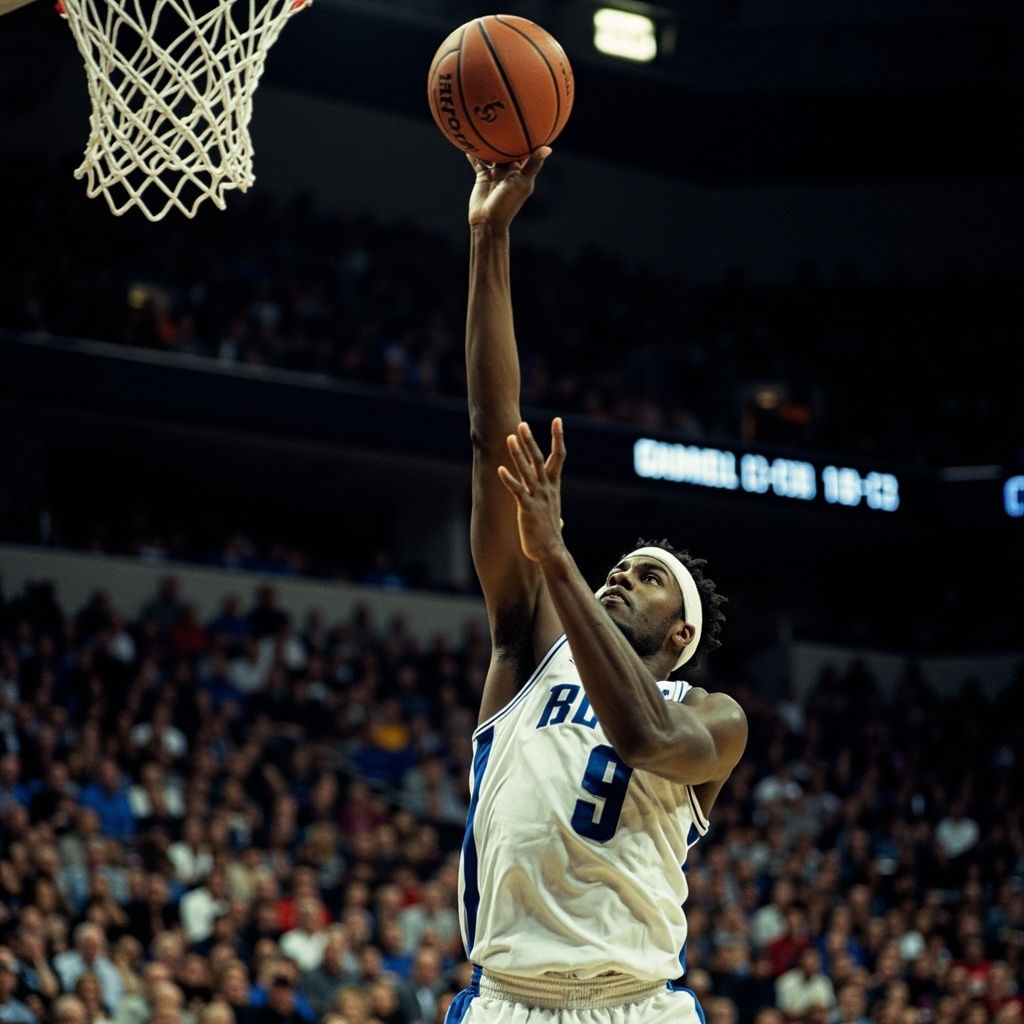 A college basketball player releasing a deep three-point shot with the game clock showing 0.4 seconds, arena crowd frozen in anticipation