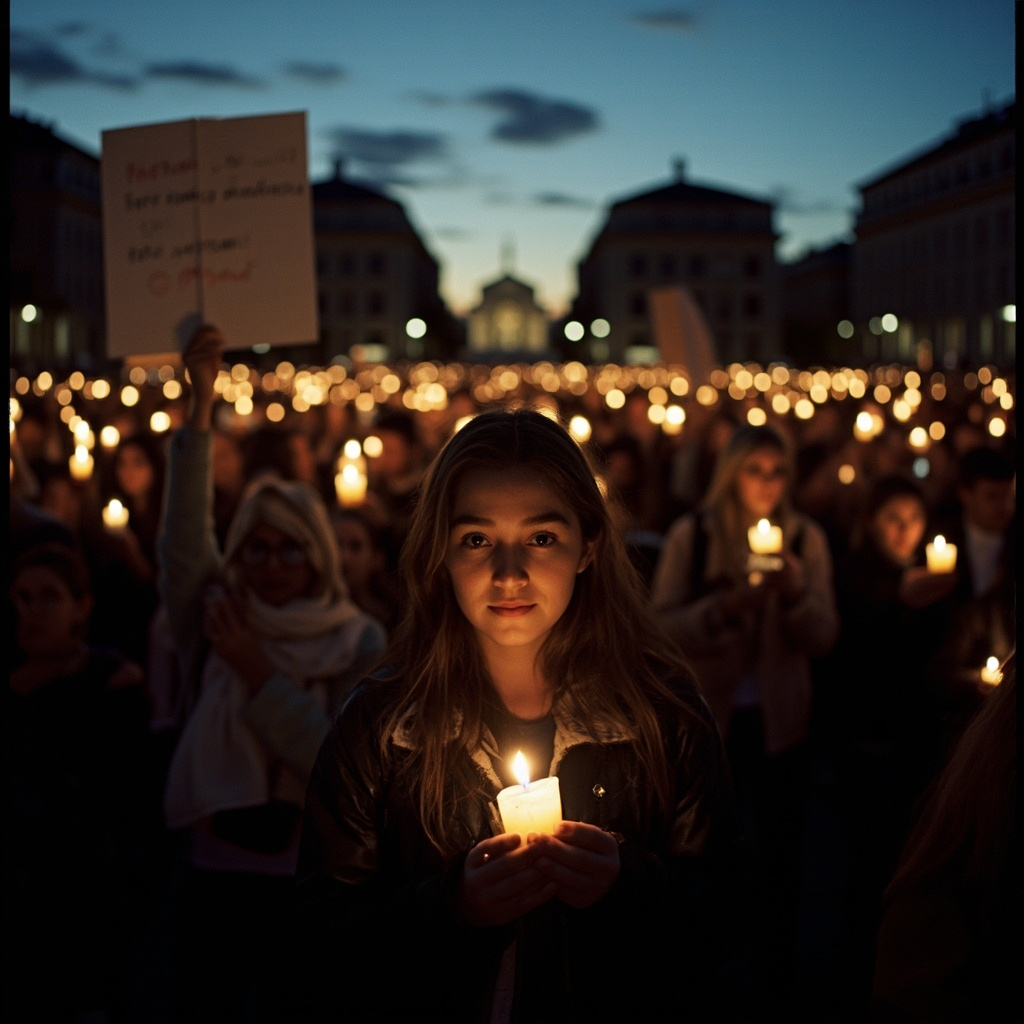 Candlelight vigil with thousands of participants holding signs reading No Kings in a city square at dusk