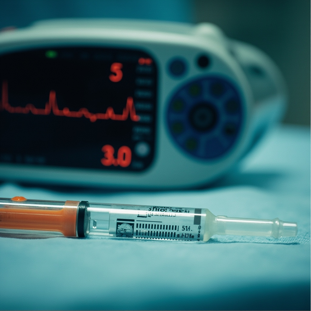 An Ozempic injection pen beside a cardiac rhythm monitor readout