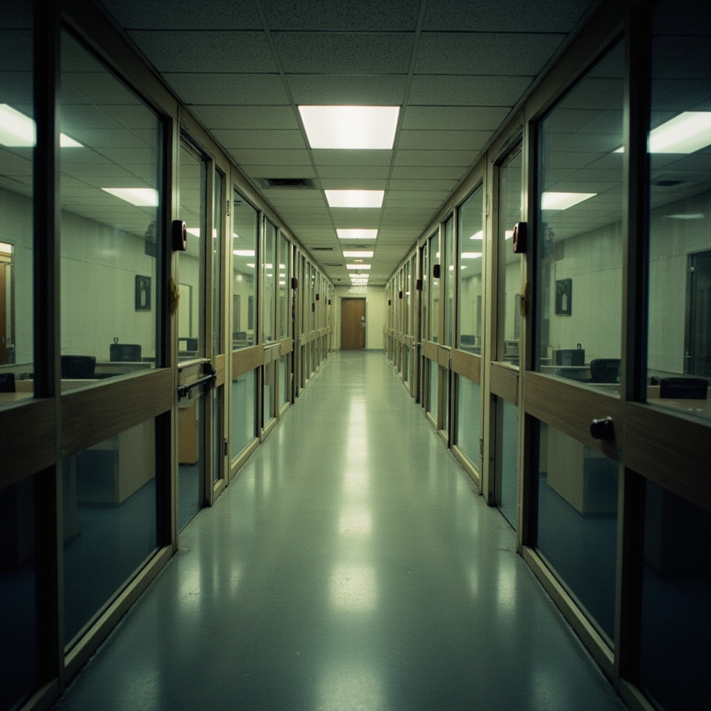 Empty Pentagon Correspondents' Corridor with press workspace doors closed