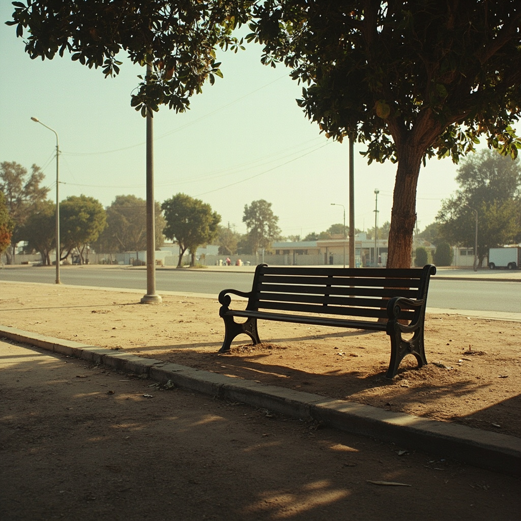 Empty park bench on a scorching day with heat haze visible above the pavement