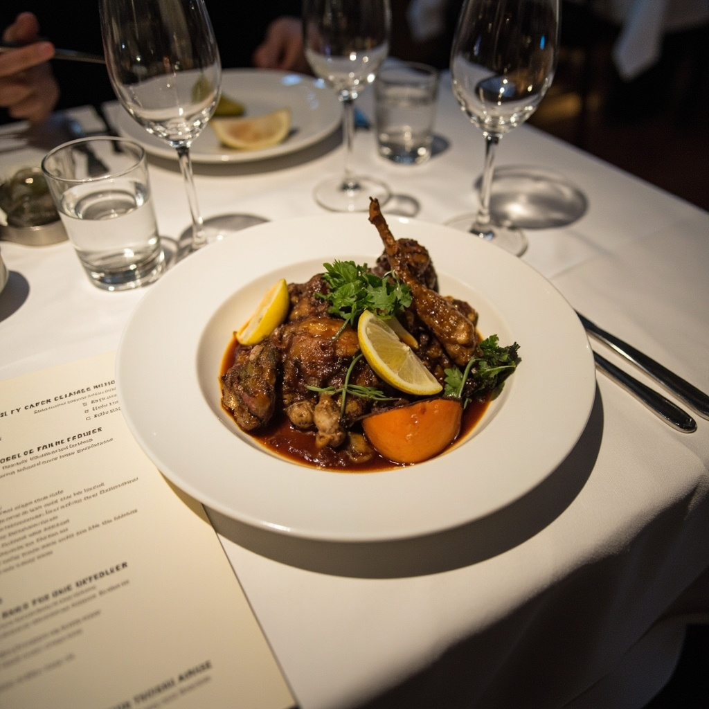 A small, protein-rich plate served at a fine dining restaurant next to a standard-sized menu