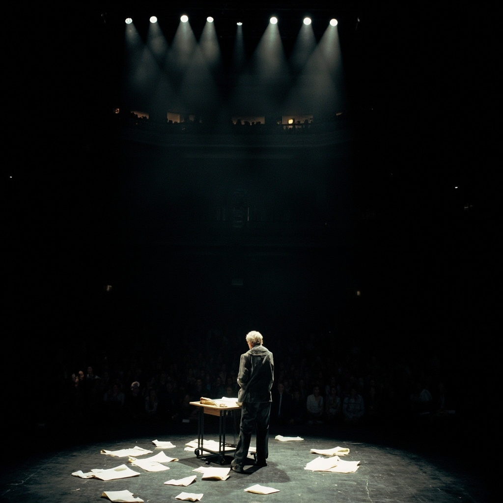 John Lithgow as Roald Dahl on the Broadway stage of Giant, standing before a desk with papers scattered