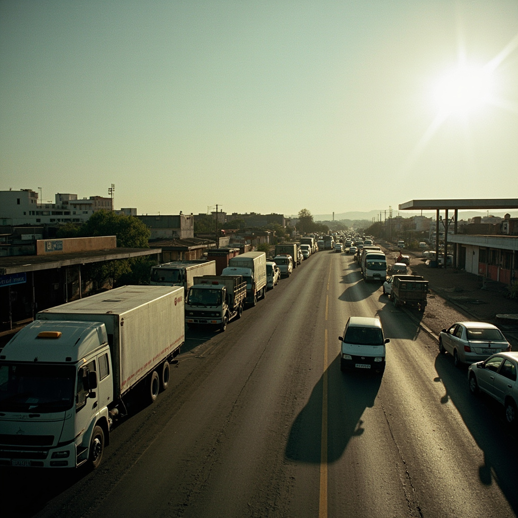 Long lines of vehicles at a South African fuel station ahead of April price hikes