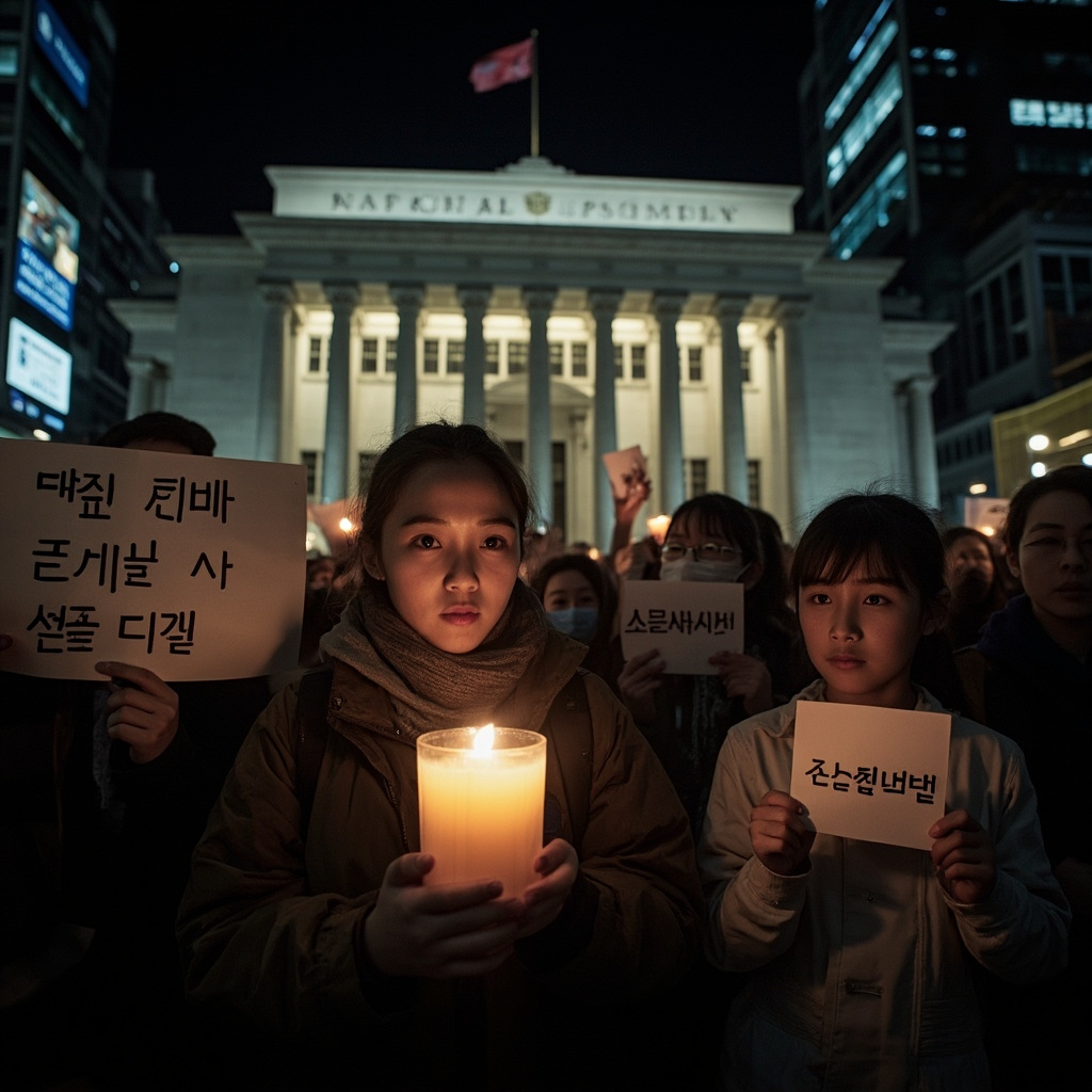 South Korean protesters with candles and signs outside the National Assembly building in Seoul