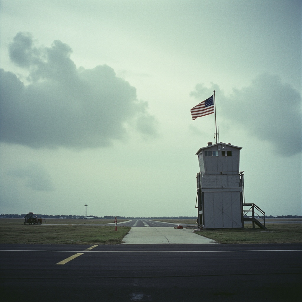 Spanish Air Force control tower at Moron Air Base with an American flag lowered to half-staff, overcast sky, runway stretching into the distance