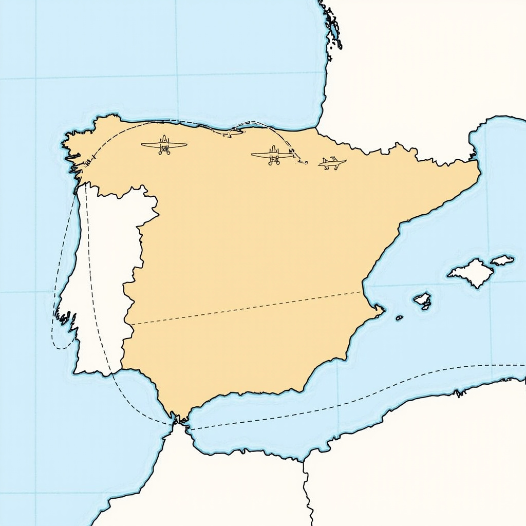 Flight tracking map showing US military aircraft routes diverted around Spanish airspace, with Spain's territory highlighted