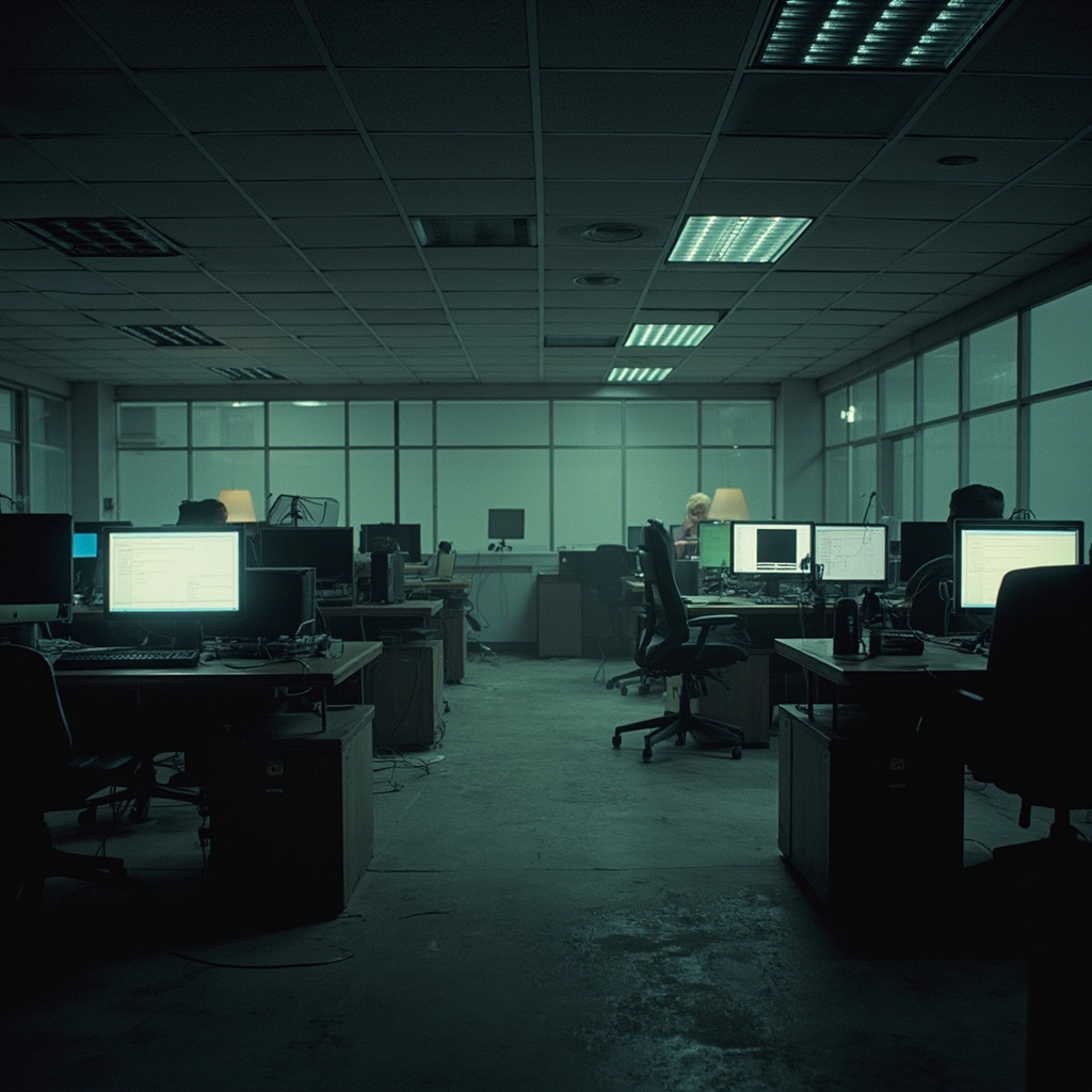 An empty open-plan tech office with monitors still on but chairs pushed back