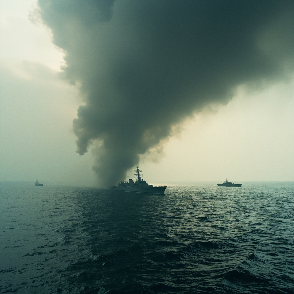 Smoke rising over the Strait of Hormuz as a naval vessel patrols