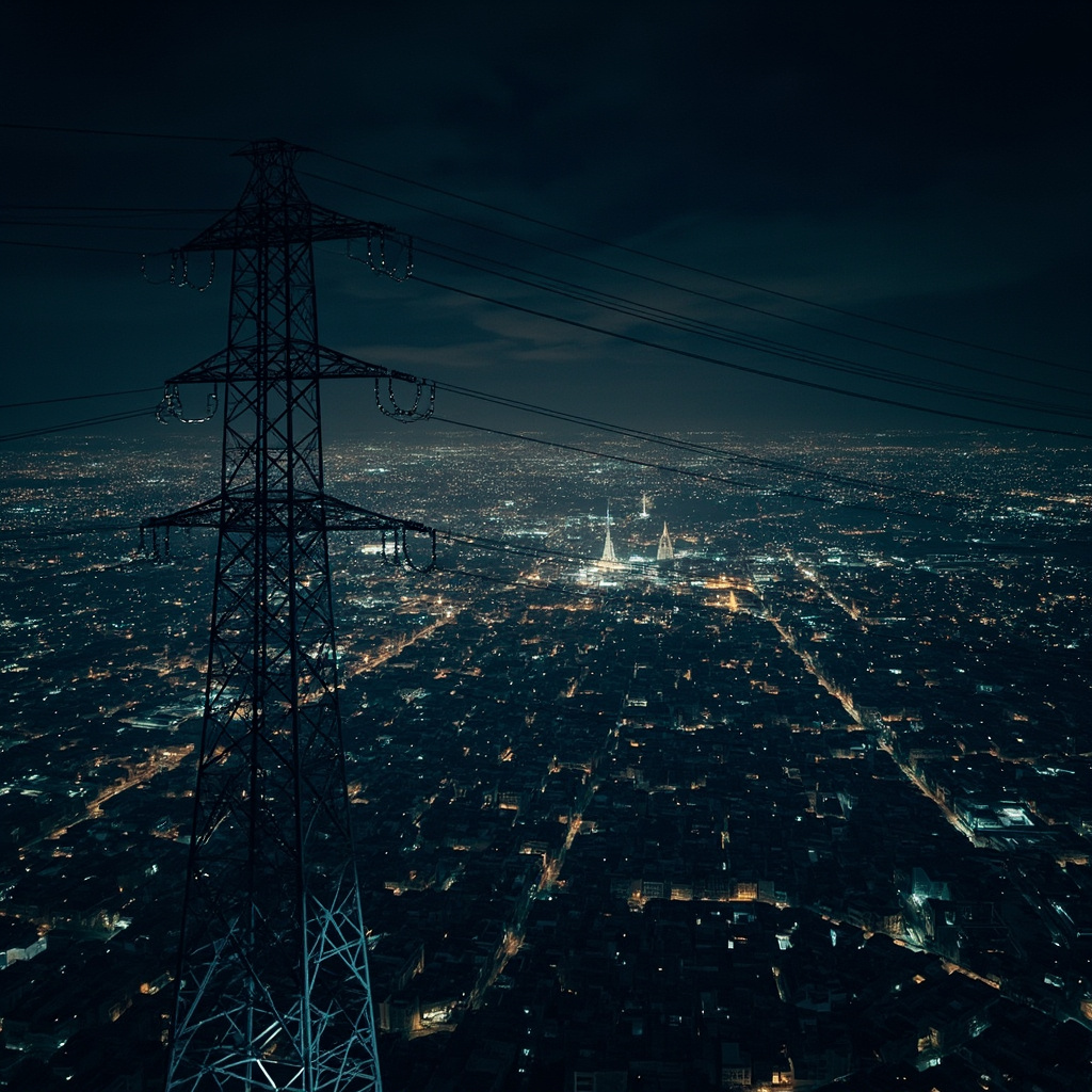 Satellite image showing the Iranian power grid at night, with major cities lit up, before and after simulation of infrastructure strike