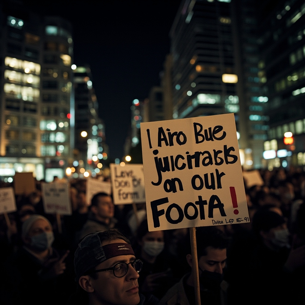 Protesters holding anti-war signs at Habima Square in Tel Aviv at night