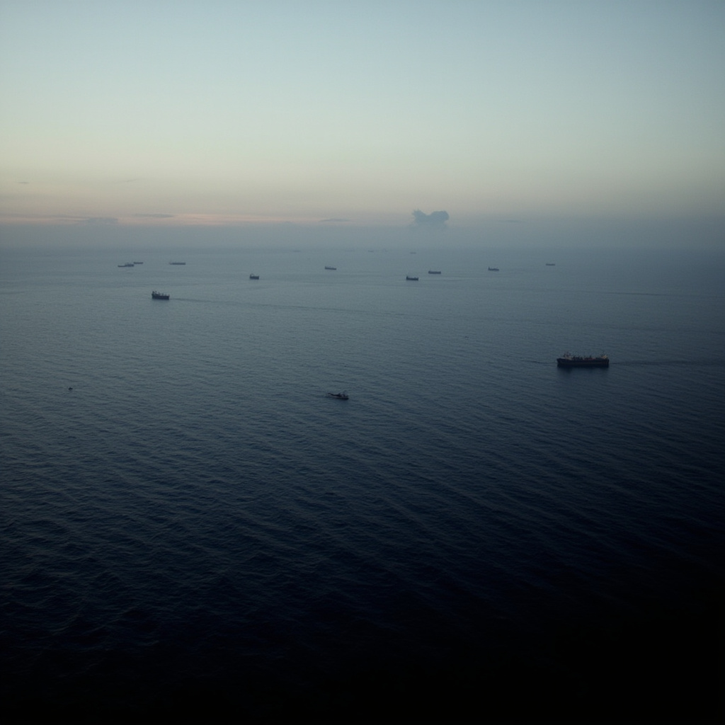 Aerial view of the Strait of Hormuz at dusk with oil tanker silhouettes and distant military vessels, smoke trails visible on the horizon