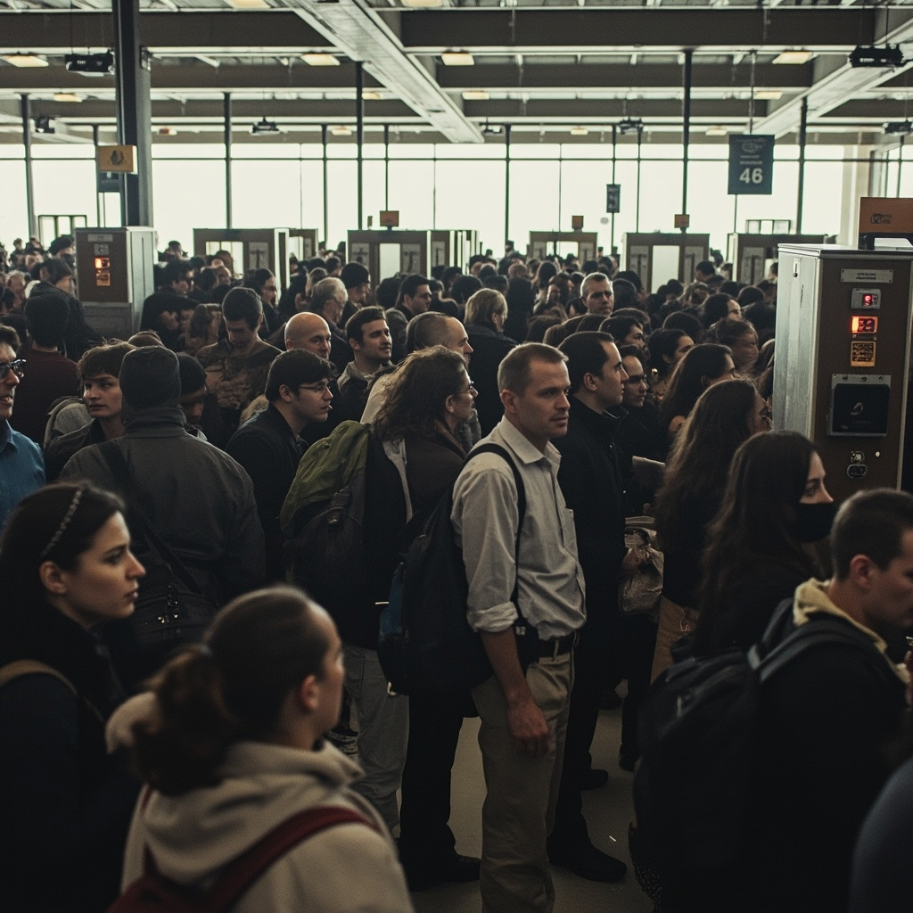 A TSA security checkpoint at a major airport with long queues of travelers and visibly understaffed screening lanes