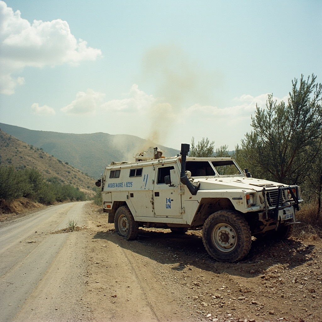 A white UN armored vehicle with blue UNIFIL markings sits damaged on a dirt road in southern Lebanon, smoke rising from nearby hills, olive trees lining the roadside