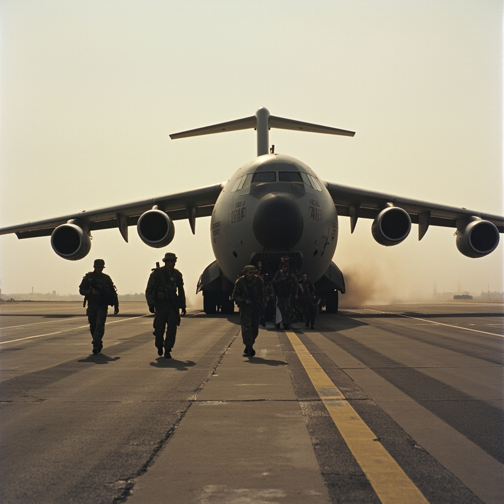 Military transport aircraft on tarmac with troops boarding for Middle East deployment