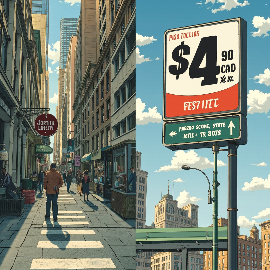Split image of a Wall Street trading floor and a gas station price sign showing four dollars