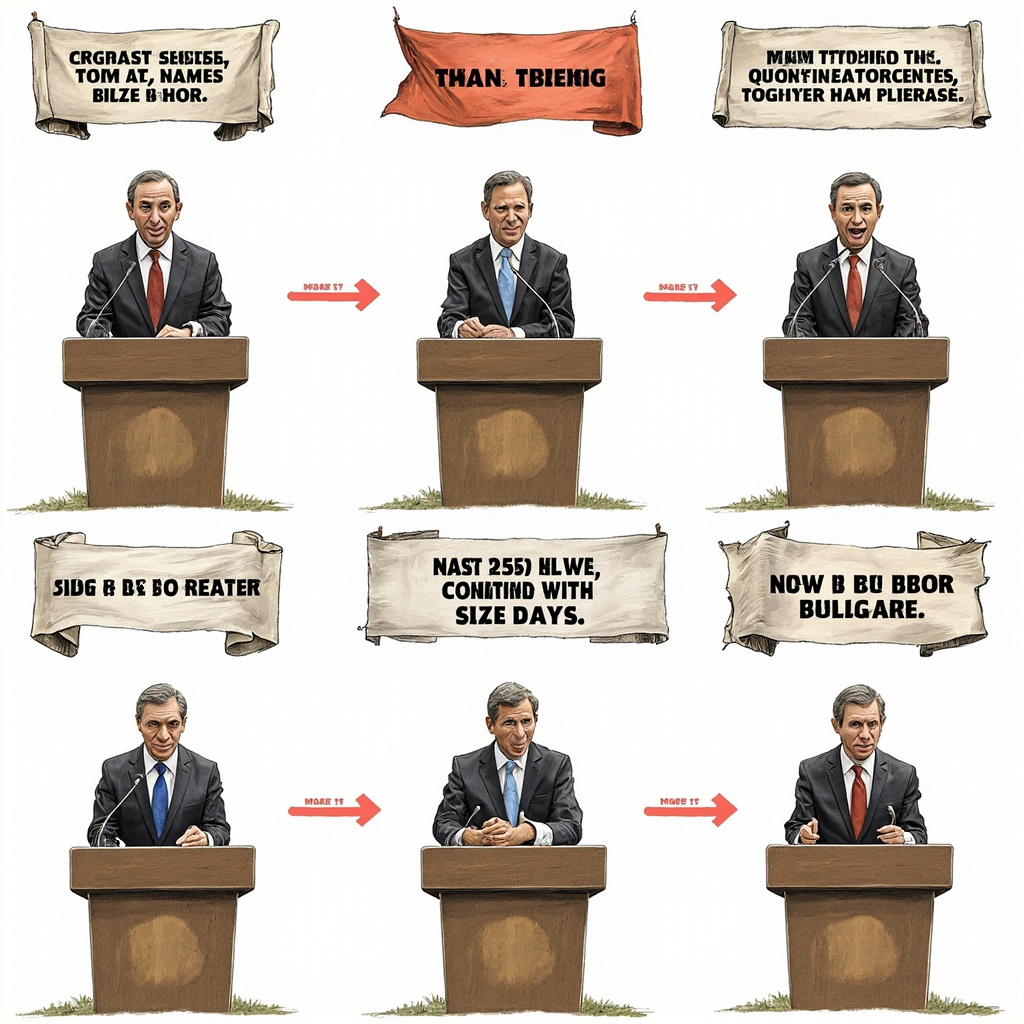 Split screen showing six different press conference podiums with different war aim banners, symbolizing the rapid shift in stated objectives