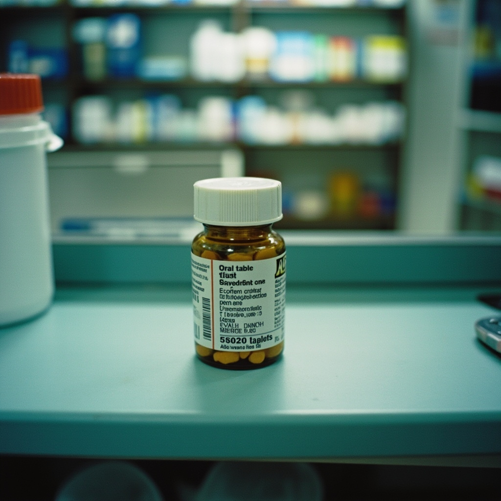 A bottle of oral Wegovy tablets on a pharmacy counter