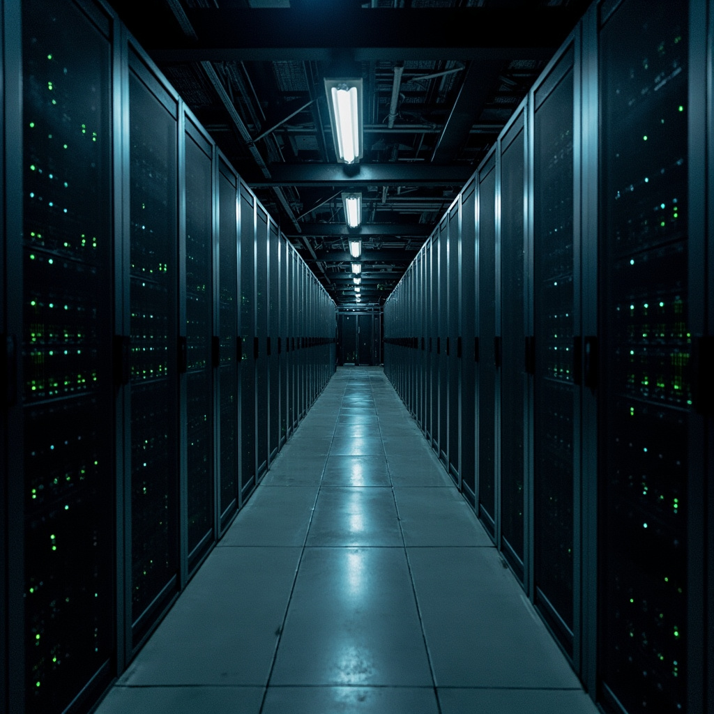 A data center corridor with rows of illuminated server racks stretching into the distance
