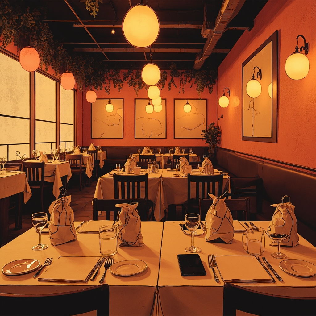 A warmly lit restaurant dining room with phones locked in pouches on the table
