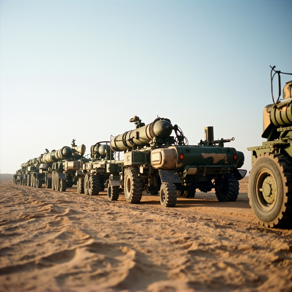 Military air defense missile systems lined up on a desert airfield