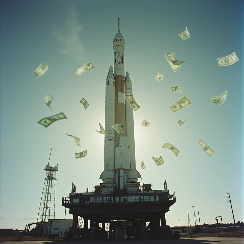 SLS rocket on launch pad with dollar figures overlaid