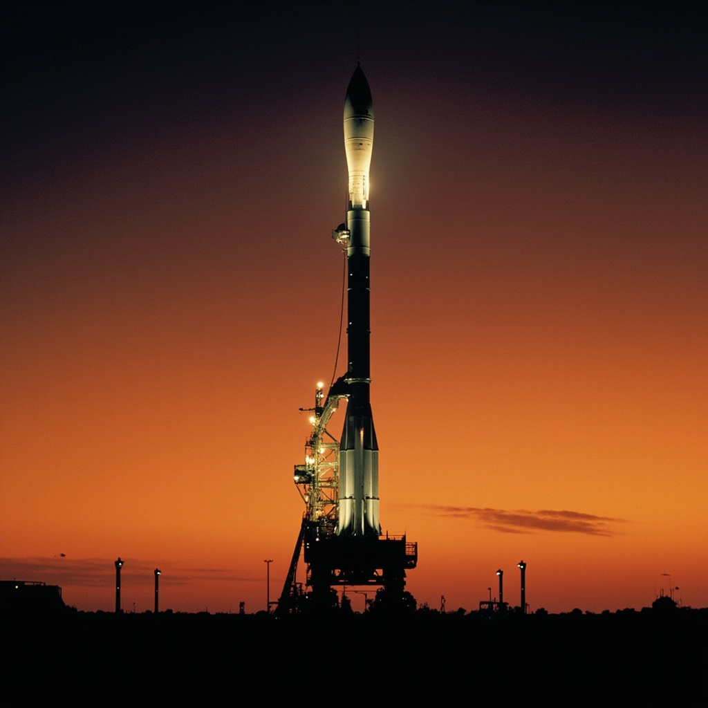 The Space Launch System rocket illuminated on Pad 39B at Kennedy Space Center against an orange dusk sky