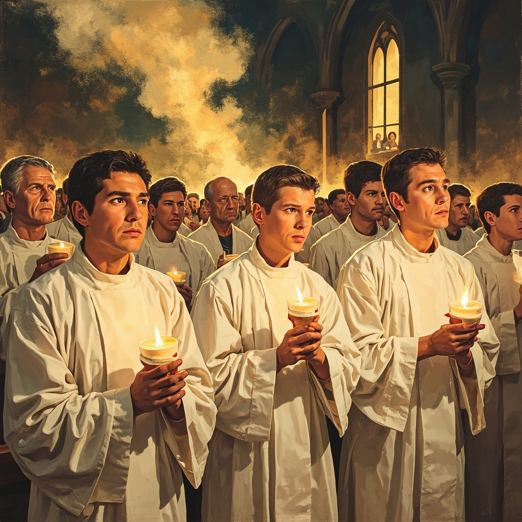 Adults in white robes at an Easter Vigil baptism ceremony in a Catholic church