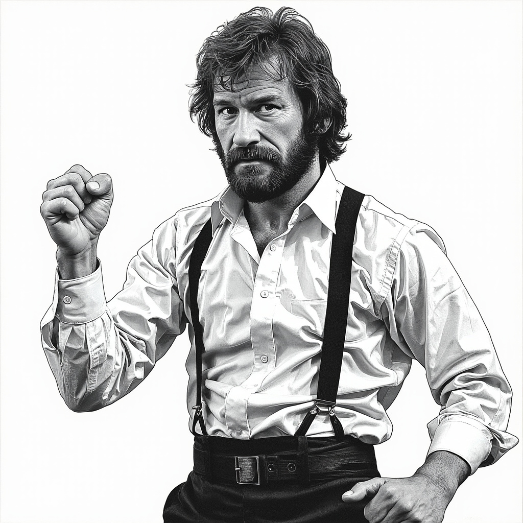 A black-and-white portrait of Chuck Norris in a martial arts stance from his 1970s film career