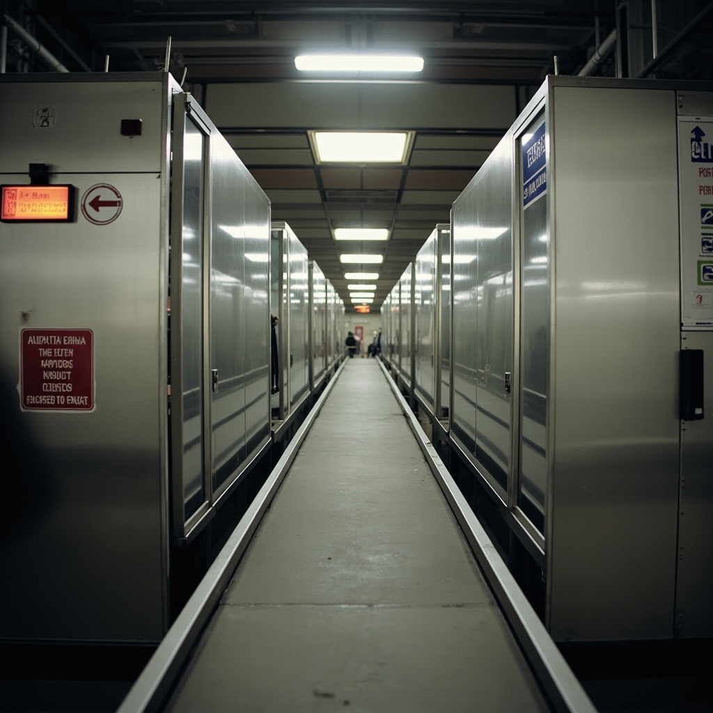 A TSA checkpoint with an empty conveyor belt and a closed lane sign at an American airport