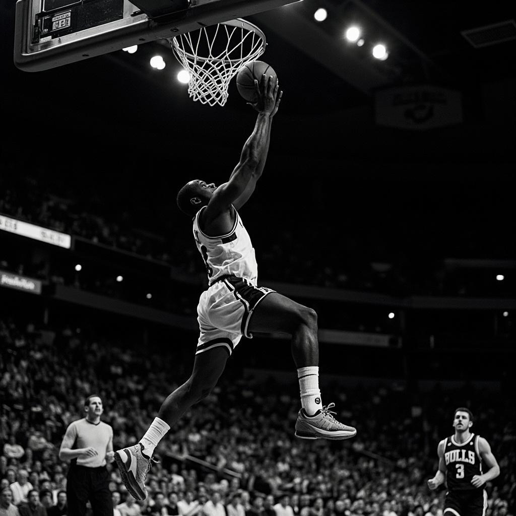 A basketball player in mid-air releasing a three-point shot with the shot clock showing 0.4 seconds